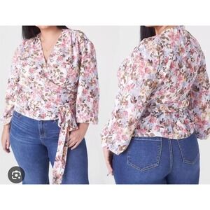 Lane Bryant Floral Wrap Tie Front Blouse Plus Size 24 V Neck Long Sleeve